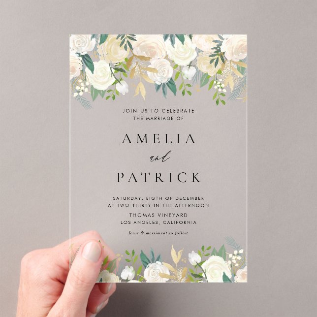Watercolor Ivory Flowers with Greenery Wedding Acrylic Invitations (Insitu (Handheld))