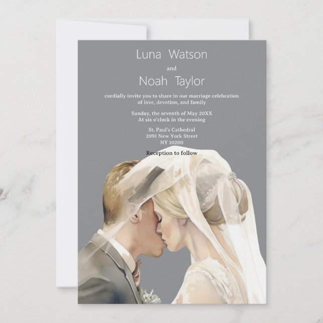 Watercolor ivory grey couple photo Wedding  Invitation (Front)