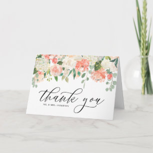 Watercolor Ivory Peach Peony and Hydrangea Wedding Thank You Card