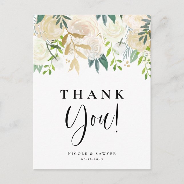 Watercolor Ivory Peonies Gold Wedding Thank You Postcard (Front)