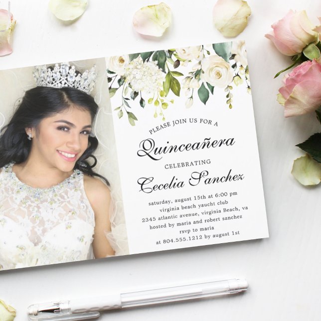 Watercolor Ivory Roses Quinceanera Photo Invitatio Postcard (Creator Uploaded)