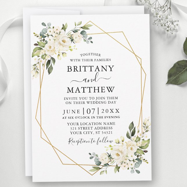 Watercolor Ivory White Floral Geo Frame Wedding Invitation (Customize to change text size, color or text style.)