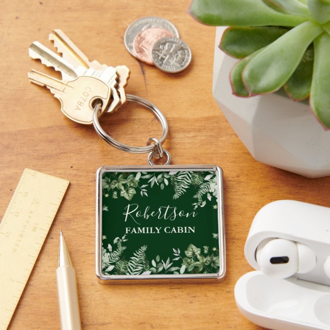 Watercolor Ivy Ferns Sage Family Cabin Green Key Ring (Desk)