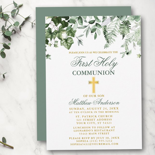 Watercolor Ivy Ferns Sage Gold First Communion Invitation (Customize to change text color, text style or color of back of card.)