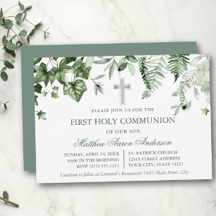 Watercolor Ivy Ferns Sage Green Communion Invitation