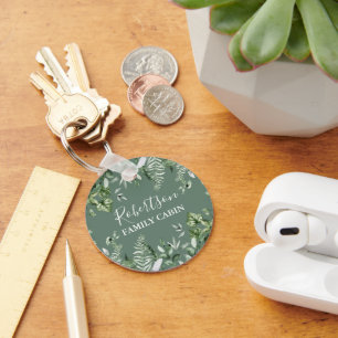 Watercolor Ivy Ferns Sage Green Family Cabin Key Ring