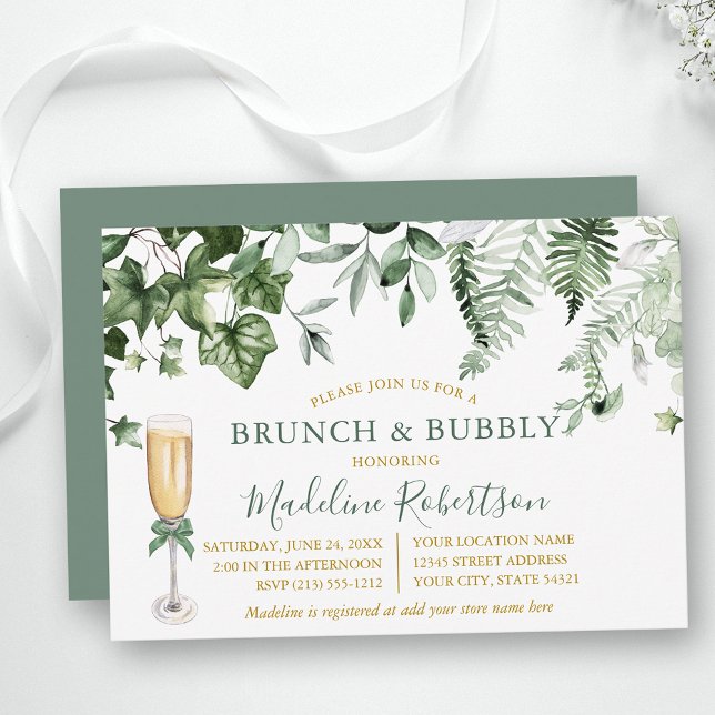 Watercolor Ivy Ferns Sage Green Gold Bridal Brunch Invitation (Customize to change text size, style or color of back of card.)