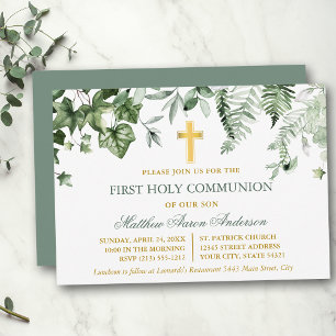 Watercolor Ivy Ferns Sage Green Gold Communion Invitation