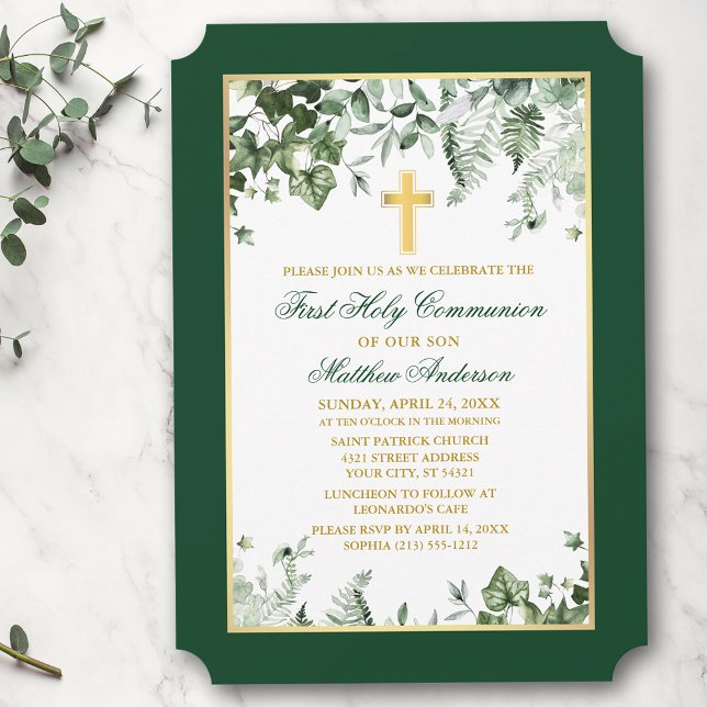 Watercolor Ivy Ferns Sage Green Gold Communion Invitation (Customize to change text size, style, color or to add more text or photos to back of card.)