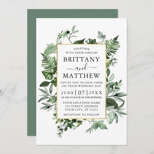 Watercolor Ivy Ferns Sage Green Gold Wedding Invitation (Front/Back)