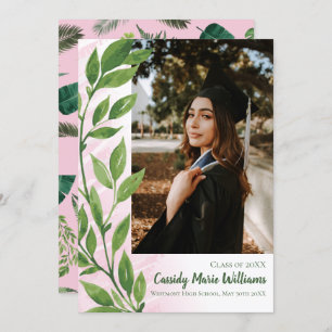 Watercolor Ivy Green Pink Plant Graduation Invitation