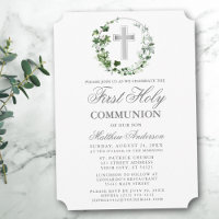 Watercolor Ivy Wreath First Communion Silver
