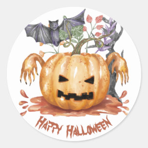Watercolor Jack o lantern and a bat, Halloween Classic Round Sticker