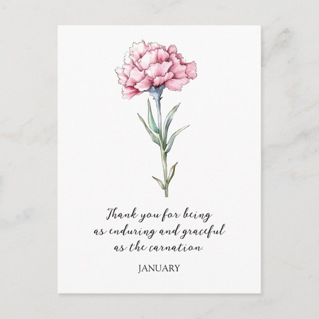 WATERCOLOR JANUARY CARNATION BIRTH FLOWER  POSTCARD (Front)