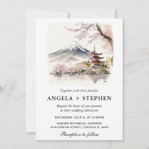 Watercolor Japanese Fuji and Pagoda Scenic Wedding Invitation