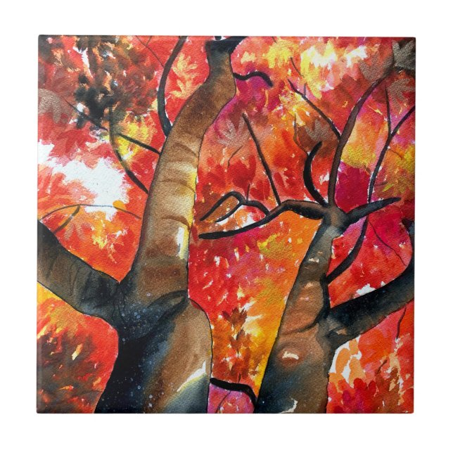Watercolor Japanese maple tree art Tile (Front)