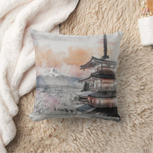 Watercolor Japanese Pagoda & Fuji  Cushion