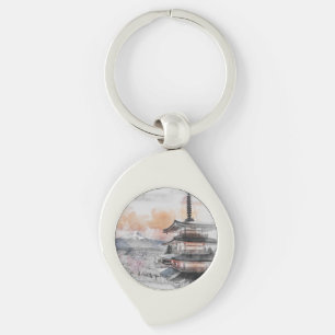 Watercolor Japanese Pagoda & Fuji Key Ring
