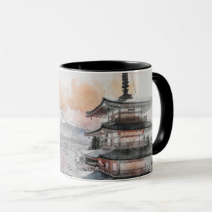Watercolor Japanese Pagoda & Fuji Mug