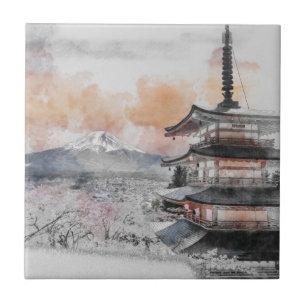 Watercolor Japanese Pagoda & Fuji  Tile