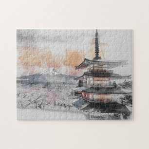 Watercolor Japanese Pagoda & Mount Fuji Scenic  Jigsaw Puzzle