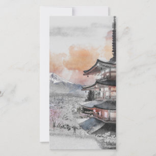 Watercolor Japanese Pagoda & Mt. Fuji 