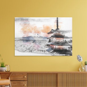 Watercolor Japanese Pagoda & Mt. Fuji Canvas Print