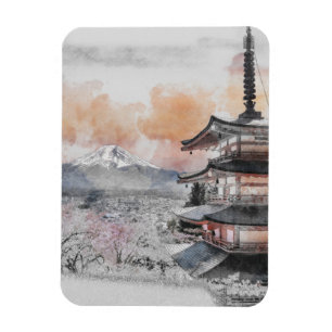 Watercolor Japanese Pagoda & Mt. Fuji  Magnet
