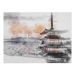 Watercolor Japanese Pagoda & Mt. Fuji  Photo Print