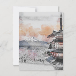 Watercolor Japanese Pagoda & Mt. Fuji  Postcard