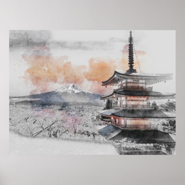 Watercolor Japanese Pagoda & Mt. Fuji  Poster (Front)