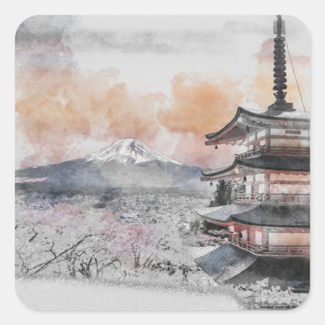 Watercolor Japanese Pagoda & Mt. Fuji Square  Square Sticker (Front)