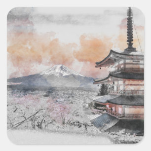 Watercolor Japanese Pagoda & Mt. Fuji Square  Sticker