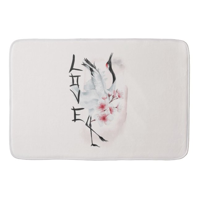  Watercolor Japanese Sakura Blossom Love Crane Bath Mat (Front)