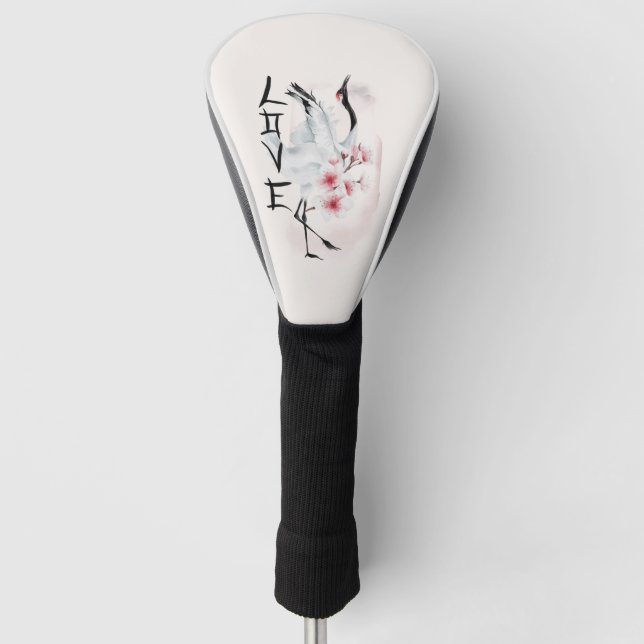 Watercolor Japanese Sakura Blossom Love Crane Golf Head Cover (Front)