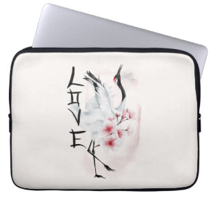 Watercolor Japanese Sakura Blossom Love Crane  Laptop Sleeve