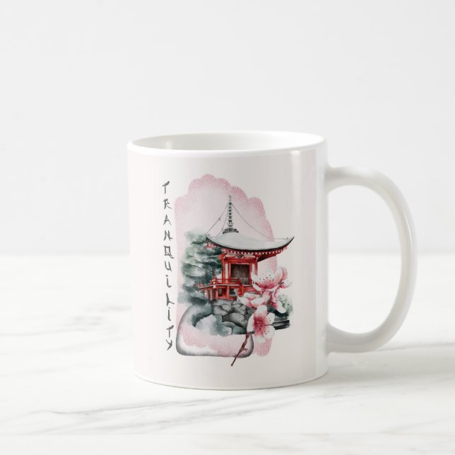 Watercolor Japanese Temple Sakura Blossom Coffee Mug (Right)