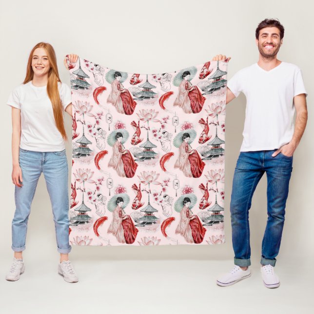 Watercolor Japanese woman Pagoda Lotus Koi Fish Fleece Blanket (In Situ)