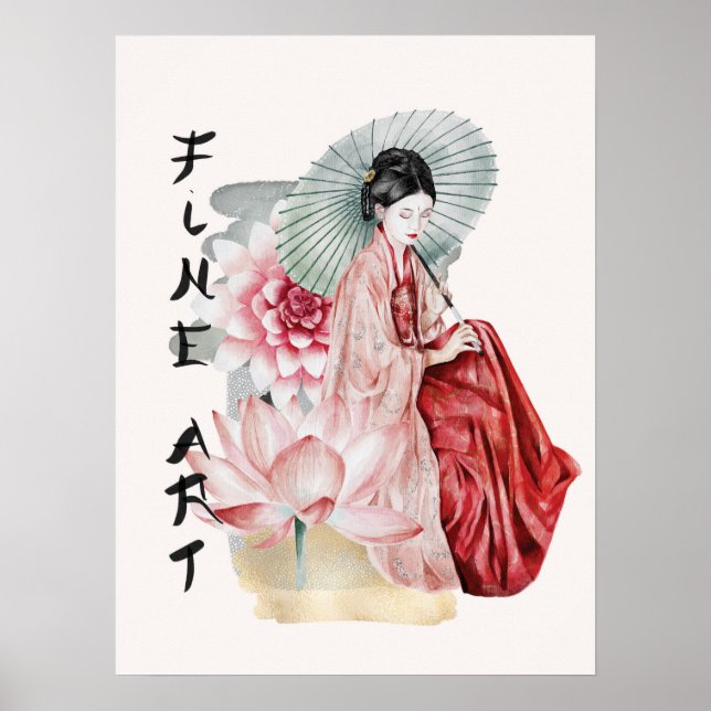 Watercolor Japanese Woman Umbrella Lotus Fine Art  Poster (Front)