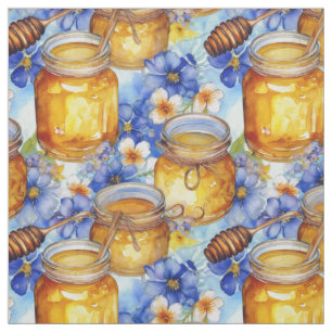 Watercolor Jars of Honey with Blue Flowers Fabric