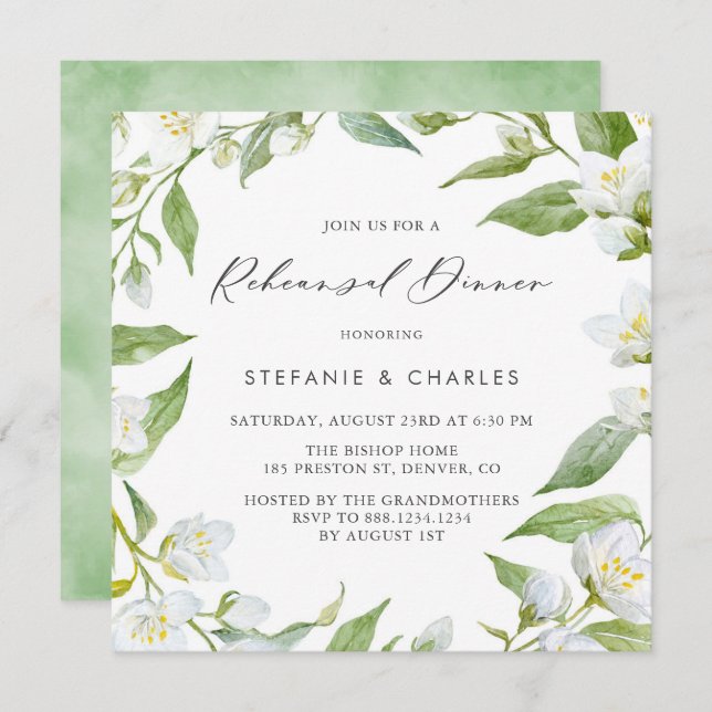 Watercolor Jasmine and Greenery Rehearsal Dinner Invitation (Front/Back)