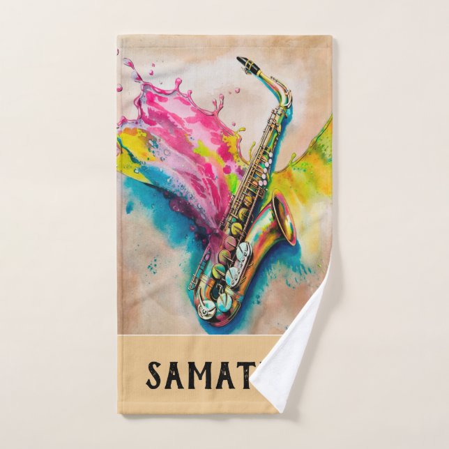 Watercolor Jazzy Saxophone Bath Towel Set (Hand Towel)
