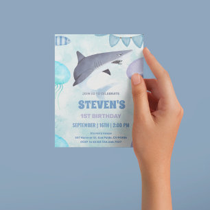 watercolor Jellyfish and shark 1st birthday  Invitation