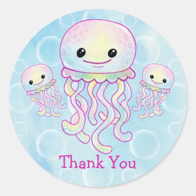 Watercolor Jellyfish Thank You Classic Round Sticker (Front)
