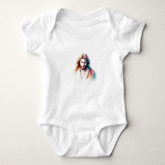 Watercolor Jesus Christ Portrait – Serene & Spirit Baby Bodysuit (Front)