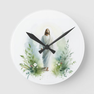 Watercolor Jesus Christ with Botanical Elements – Round Clock