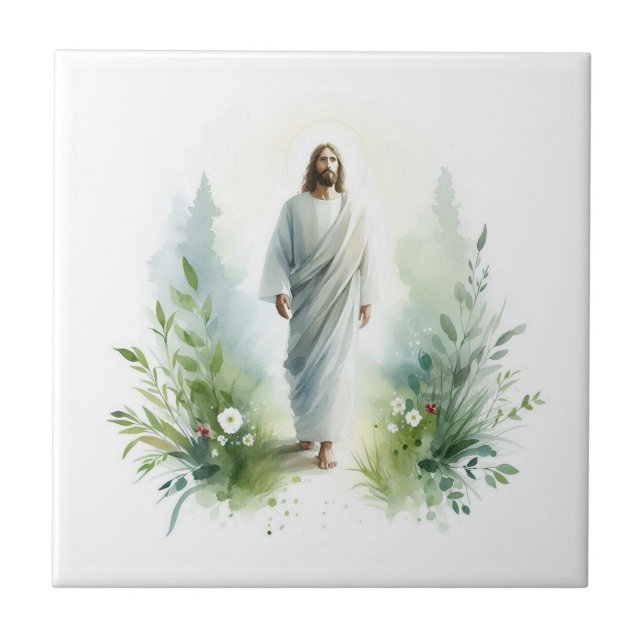 Watercolor Jesus Christ with Botanical Elements –  Tile (Front)