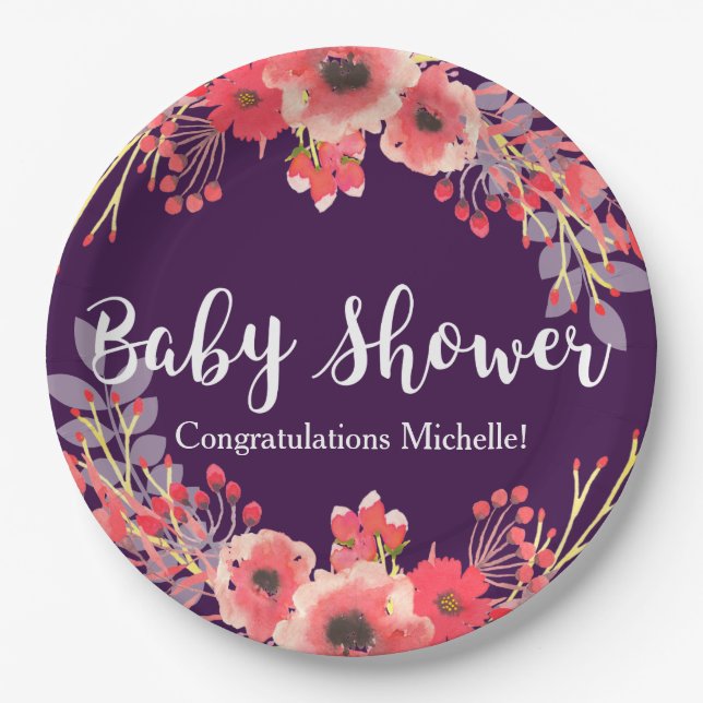 Watercolor Jewel Tone Flowers Baby Shower Paper Plate (Front)