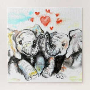 Watercolor Jigsaw Puzzle Elephants Couple Love
