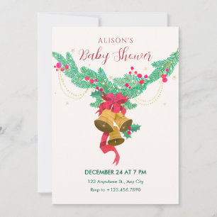 Watercolor jingle bells christmas baby shower invitation